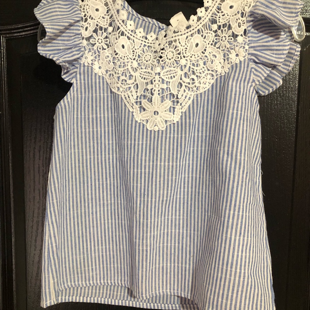 SHEIN Blue & White Striped Lace Yoke Flutter Sleeve Top